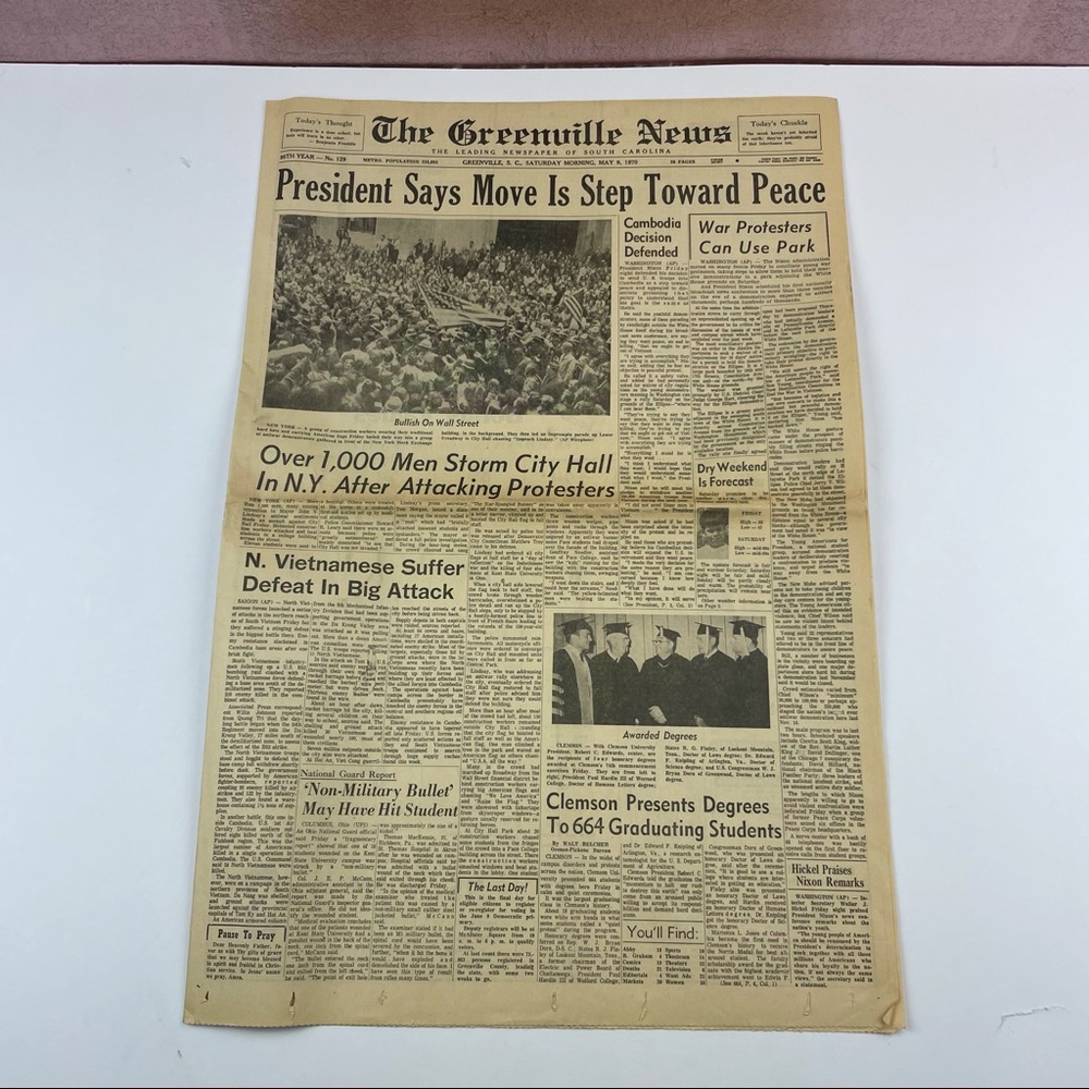 Vintage The Greenville News Newspaper May 9, 1970 President Vietnam Clemson
